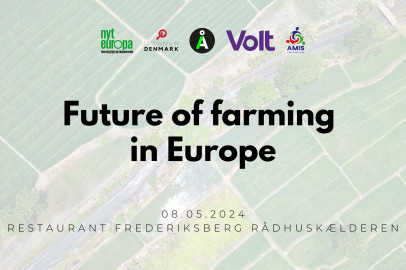 Farmland background, name of event with logos from Volt, Alternativet, Nyt europa, Last Week in Denmark and AMIS